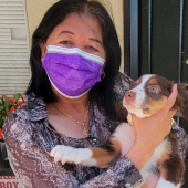 Lady holding her Australian Shepherd puppy after delivery