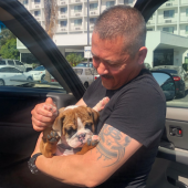 Man holding English Bulldog puppy next to his car